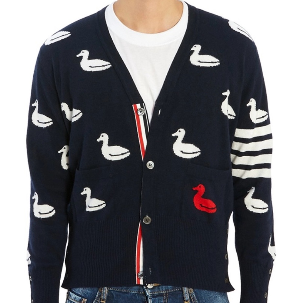 Thom Browne Cashmere Navy Cardigan with Duck Pattern